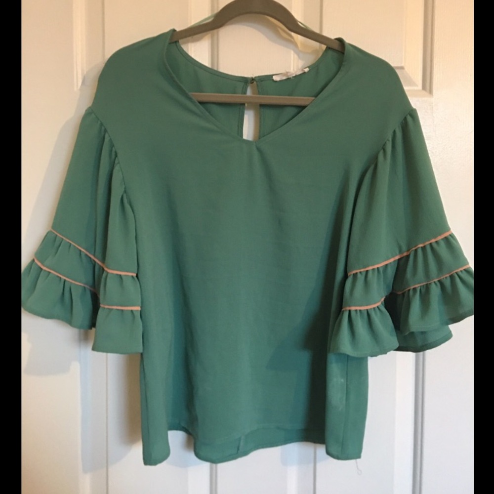 JUNE & HUDSON- Teal Ruffle Sleeve Blouse - Small